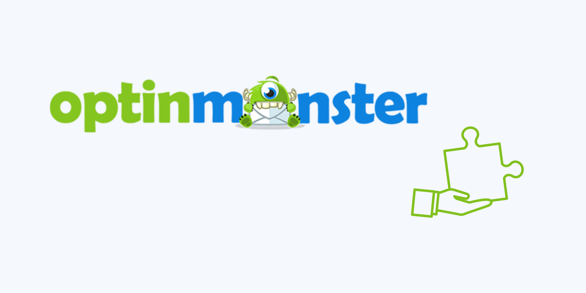 OptinMonster icon and a hand holding a jigsaw piece on blue background