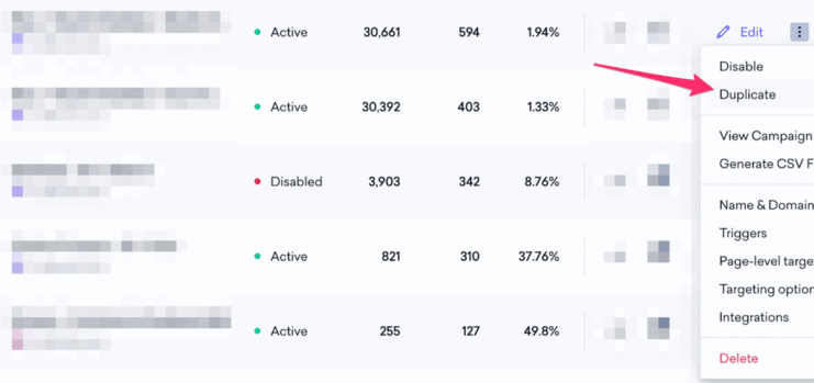 a gif for the process of how to set up an A/B test on Sleeknote