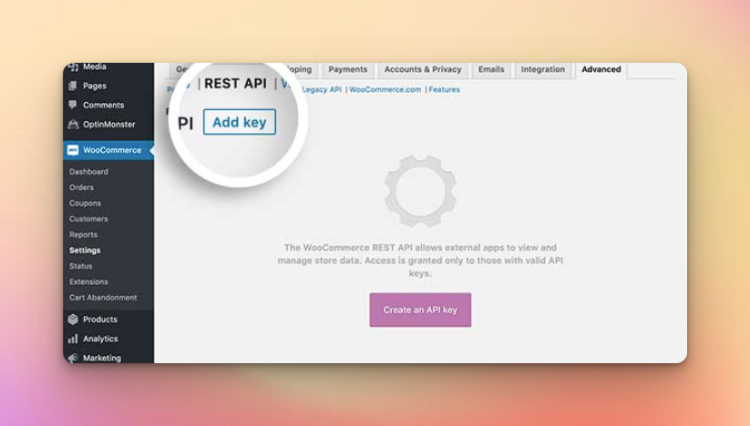 Choosing Add key for the integration of OptinMonster and WooCommerce