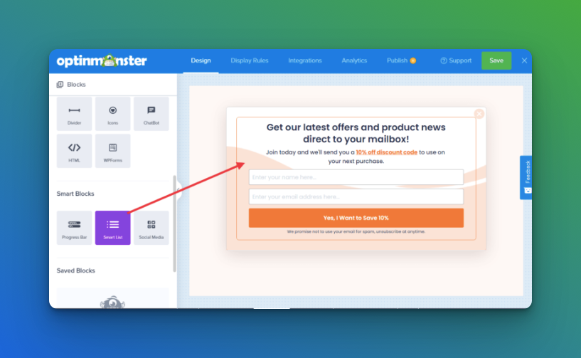 adding a social list element on a popup on OptinMonster dashboard