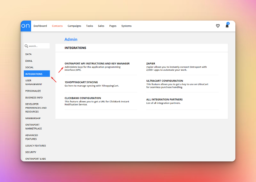 Ontraport Integrations Admin page on colorful background