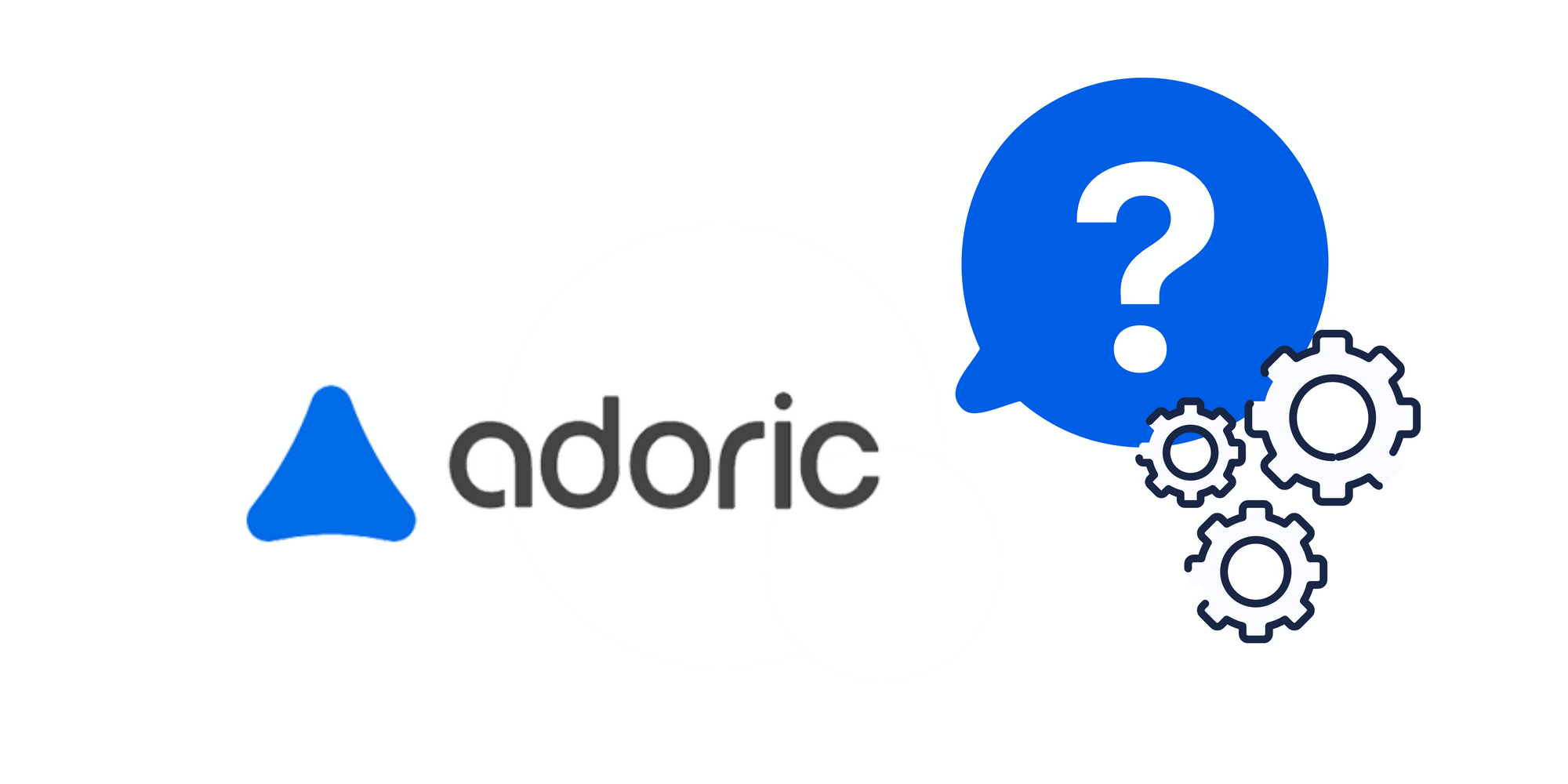 Adoric icon, a question mark and settings icon on white background