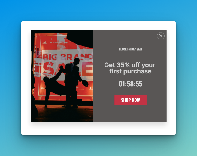 Black Friday sale countdown popup with a CTA on blue background