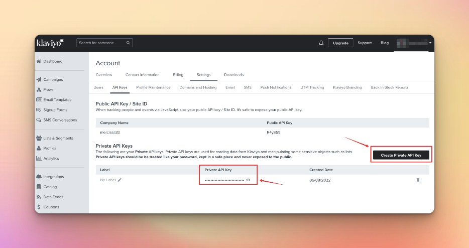 By creating Private API key and choosing the private API Key for the Klaviyo integration on colorful background