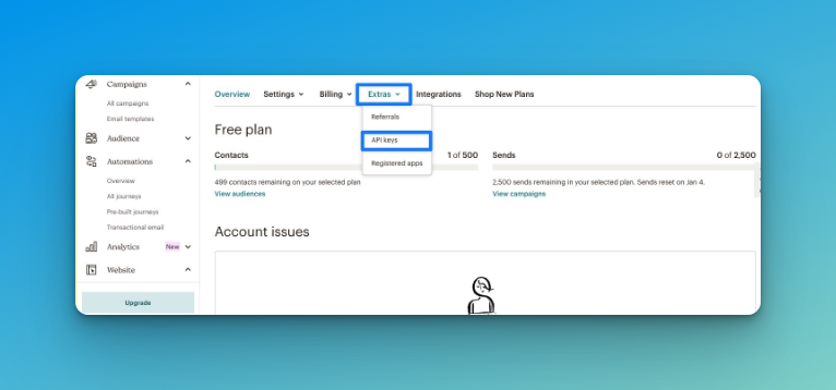 Choosing API Keys from Extras tab on Mailchimp account