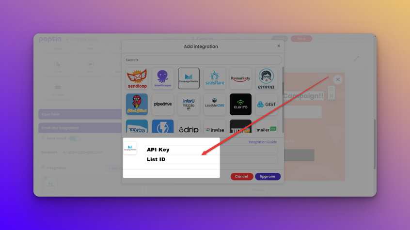 filling the API Key and List ID on colorful background