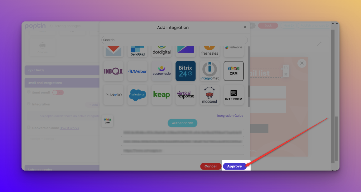 choosing Approve button after selecting Zoho CRM
