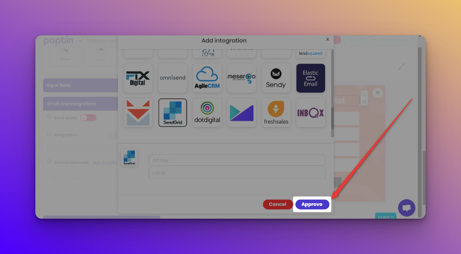 choosing Approve button after selecting SendGrid integration on colorful background