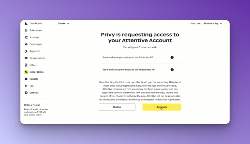 Access request to Attentive account and Authorize button on purple background