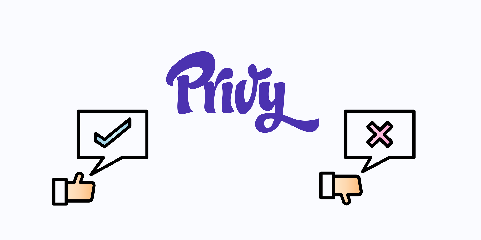 Privy icon, check and x icons with thumbs-up & thumbs-down on fair background to talk about the pros and cons