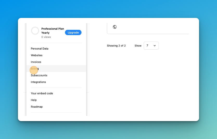 Choosing Billing among the choices on the dashboard of Popupsmart