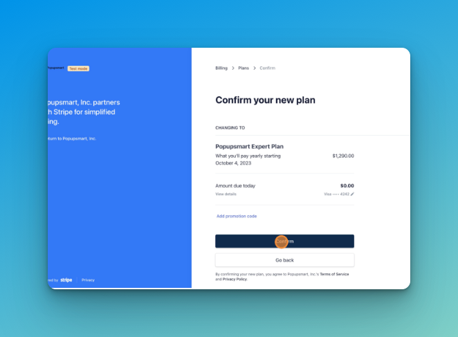 Confirming the plan on Popupsmart