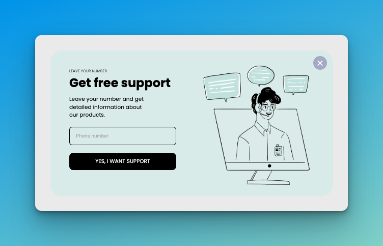 Free support popup of Popupsmart on bluish background