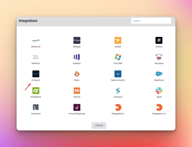 choosing Ontraport among the integration choices on colorful background