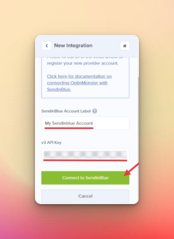 Naming the integration and choosing Connect to SendinBlue on colorful background