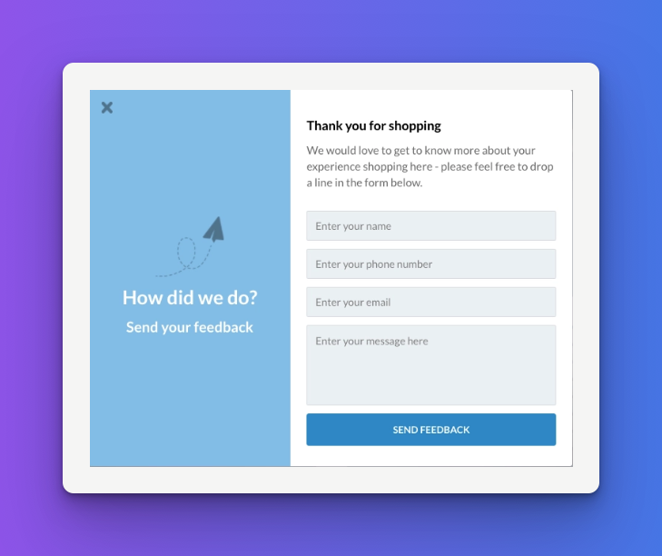 Sleeknote's feedback popup sample on purple-blue background