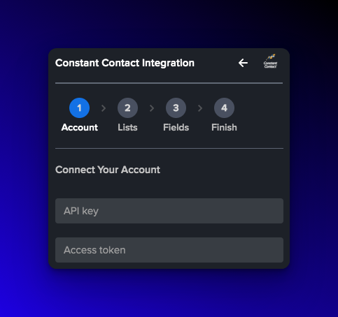 the integration steps of Adoric integration with Constant Contact