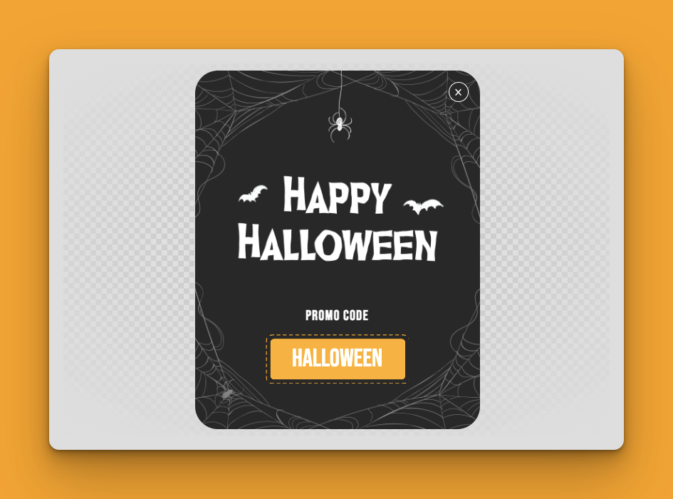 Halloween popup with a promo code on yellow background