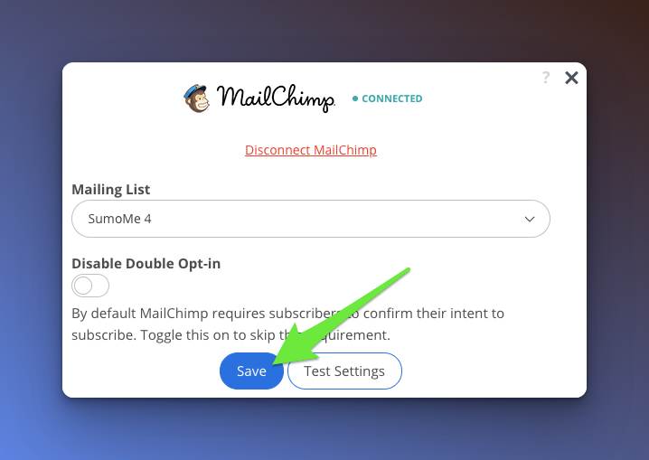 Saving the Mailchimp integration settings on blue background