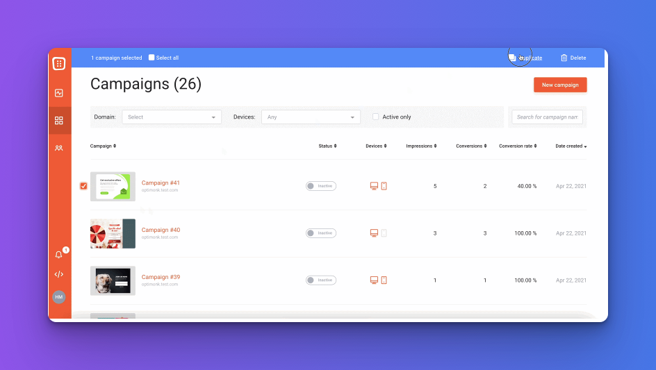 Duplicating campaign on the dashboard of OptiMonk