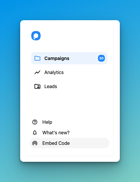 The left side of Popupsmart dashboard where to find campaigns, analytics and leads