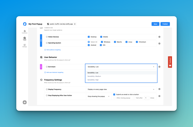 Arranging the sensibility of exit-intent trigger of popup on the Popupsmart dashboard