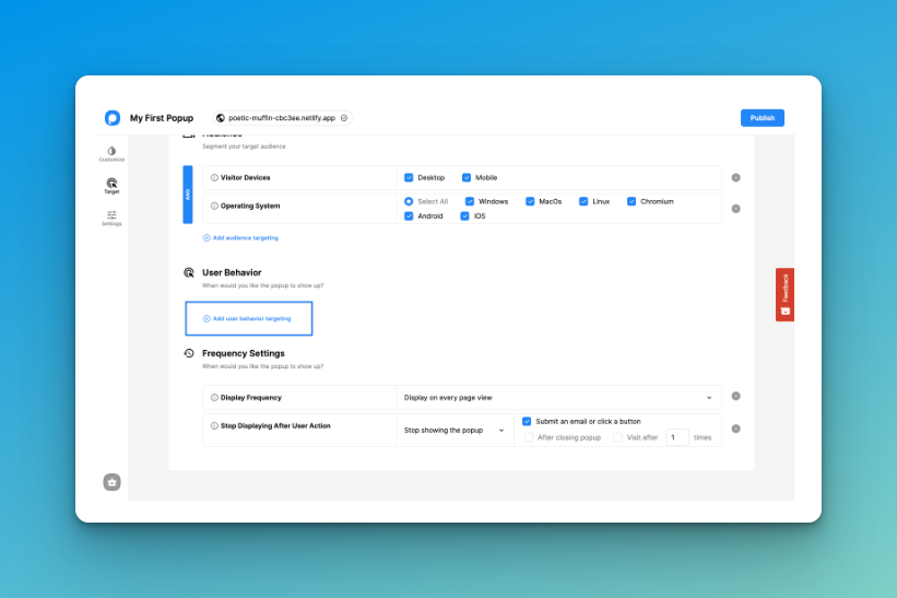 Adding user behavior targetting on the Popupsmart dashboard