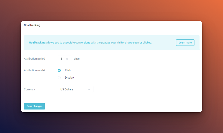 Editing goal tracking sections with attribution and currency details on Wisepops