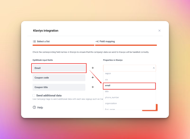 Choosing field mapping blanks and choosing the related fields for the integration of OptiMonk and Klaviyo integration