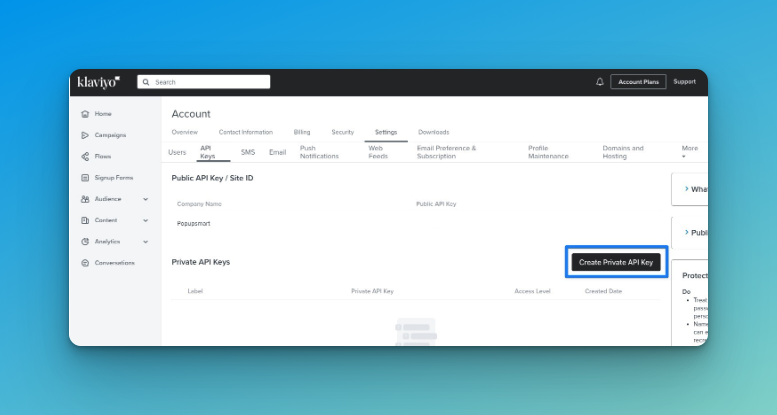 Creating Private API Key on Klaviyo Account page