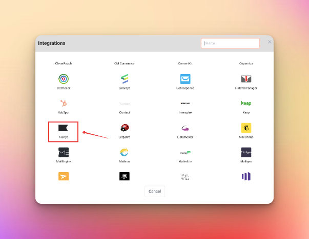 Choosing Klaviyo on integration options on colorful background