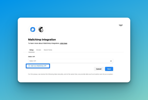Adding new Mailchimp API on Popupsmart dashboard on blue background