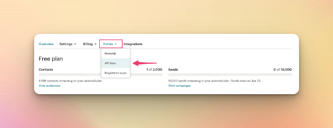 Choosing API Keys under the Extras tab on Mailchimp page