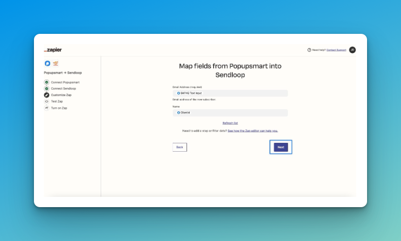 Map fields of Popupsmart and Sendloop on blue background by highlighting Next step