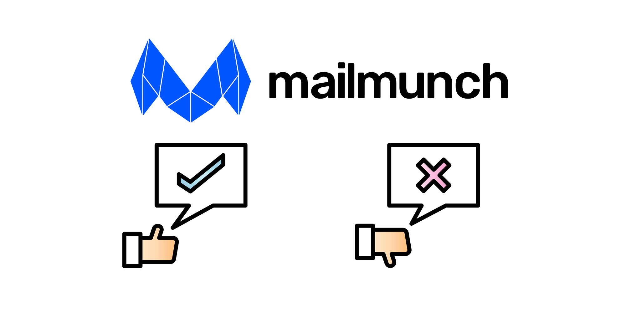 Mailmunch icon, check and x icons with thumbs-up & thumbs-down on white background to talk about the pros and cons