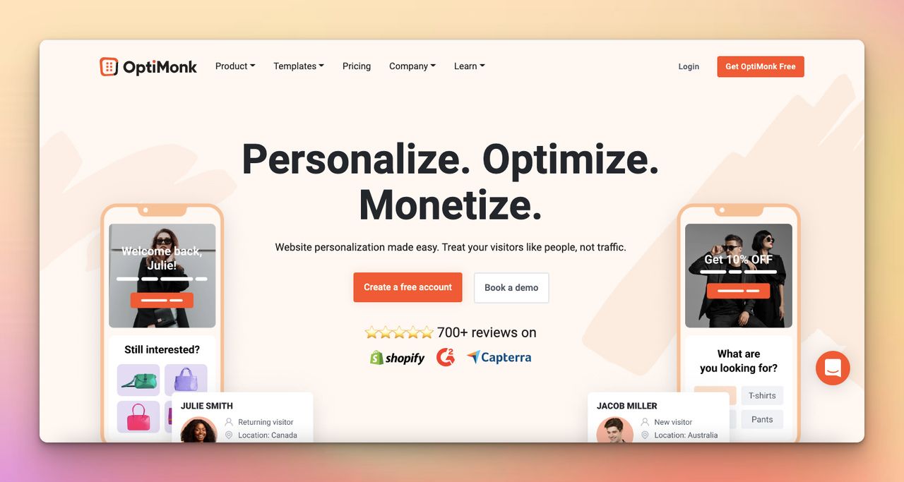 Homepage of OptiMonk on a colorful background