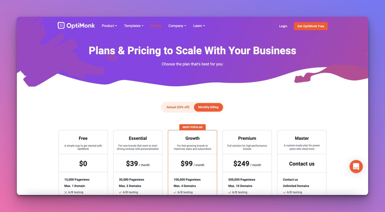 The above-the-fold part of OptiMonk's pricing page