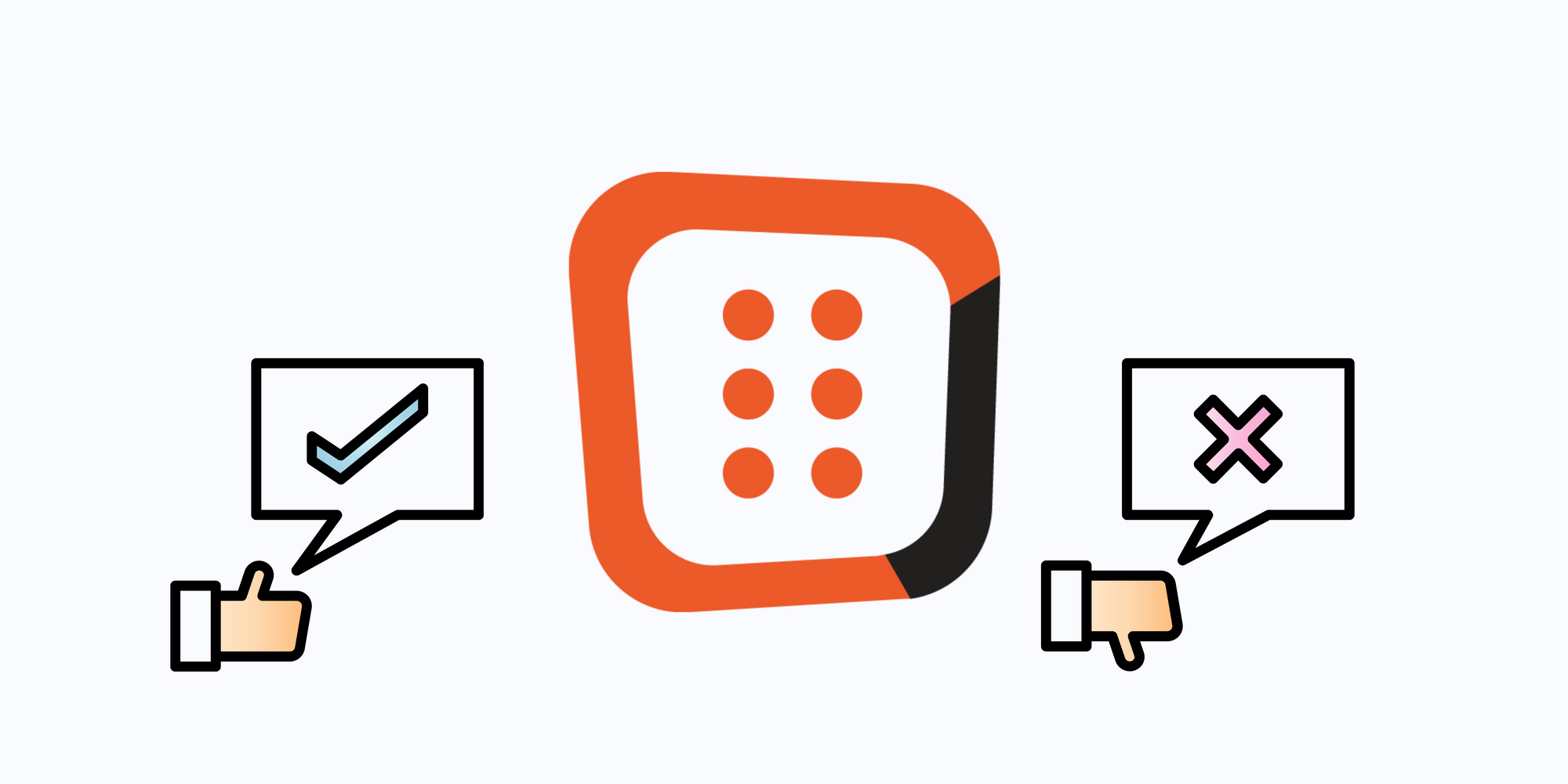 OptiMonk icon, check and x icons with thumbs-up & thumbs-down on light blue background to talk about the pros and cons of OptiMonk
