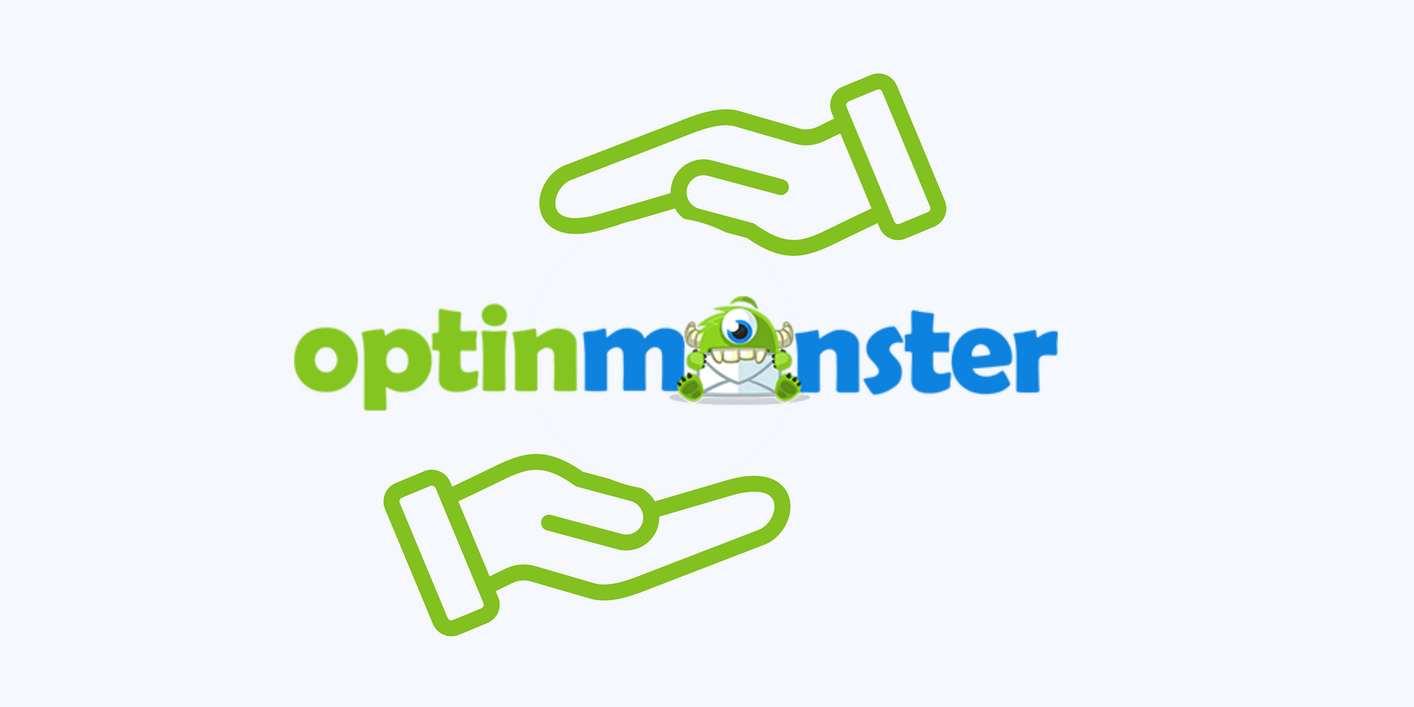 Two hands holding OptinMonster icon without touching on blue background