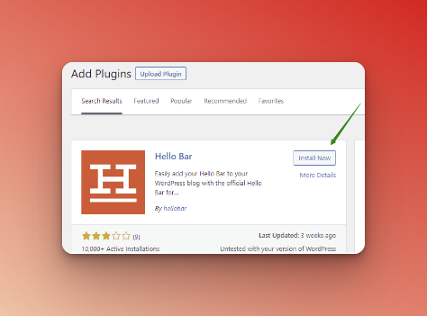 clicking Install Now for Hello Bar on the Add Plugins 