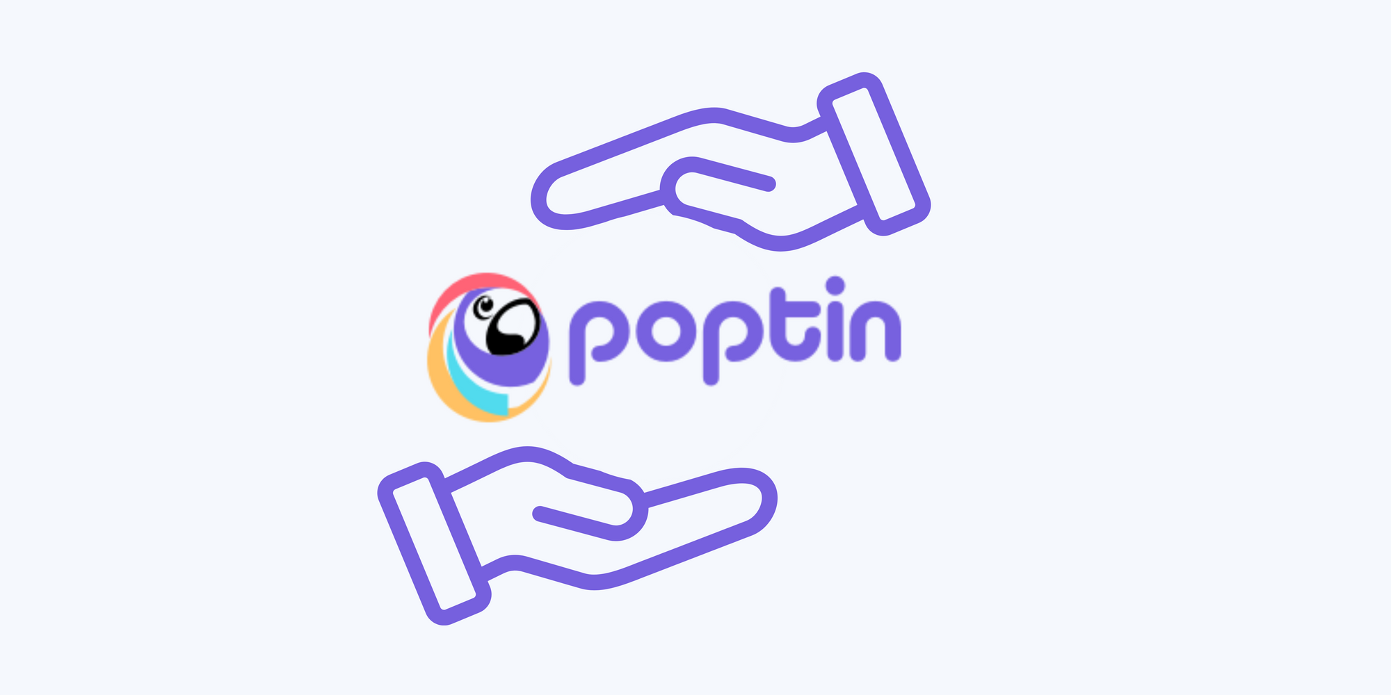 Two hands holding Poptin icon without touching on blue background