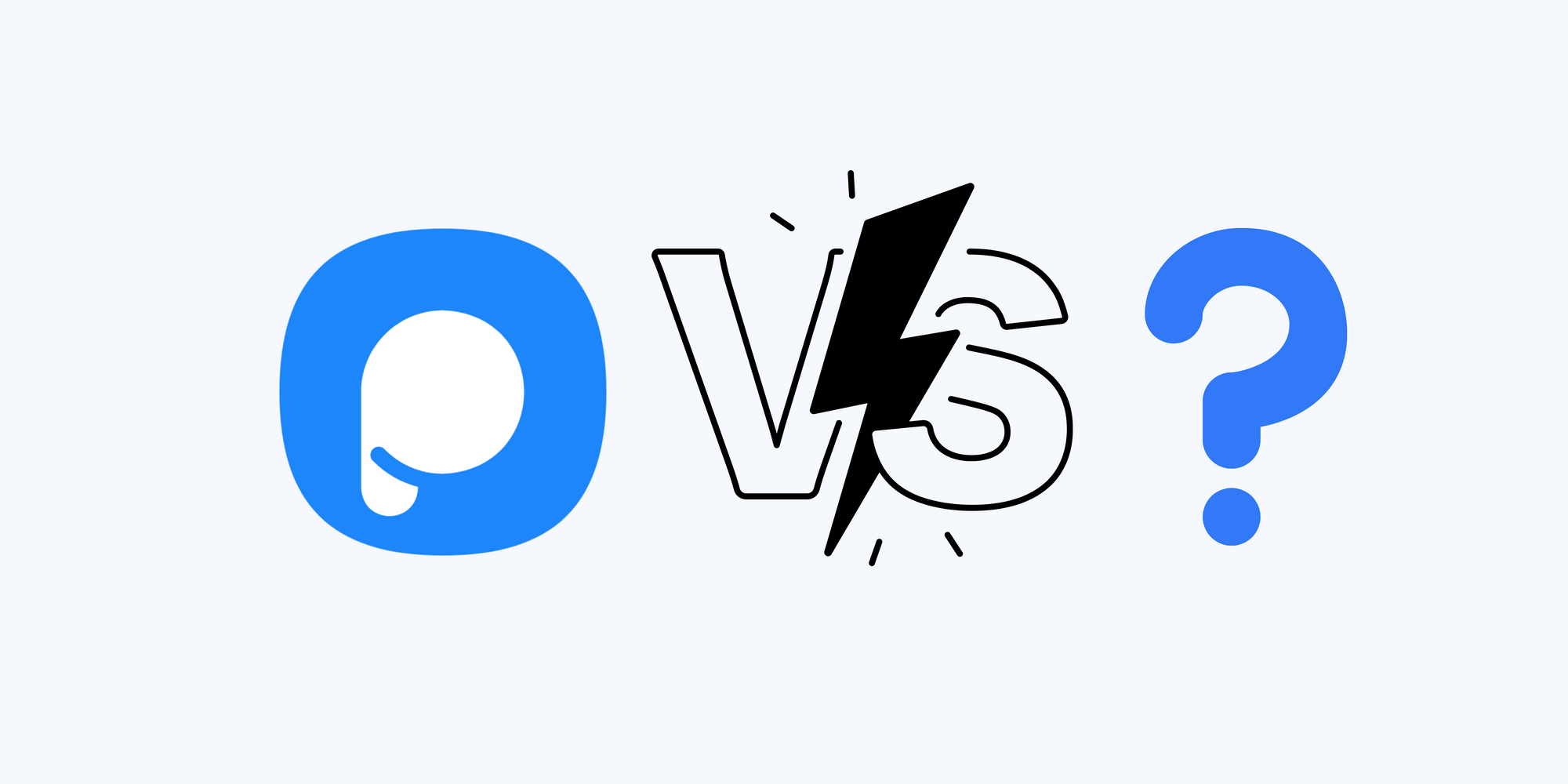 Popupsmart icon, versus symbol and a question mark to mention the alternatives on blue background