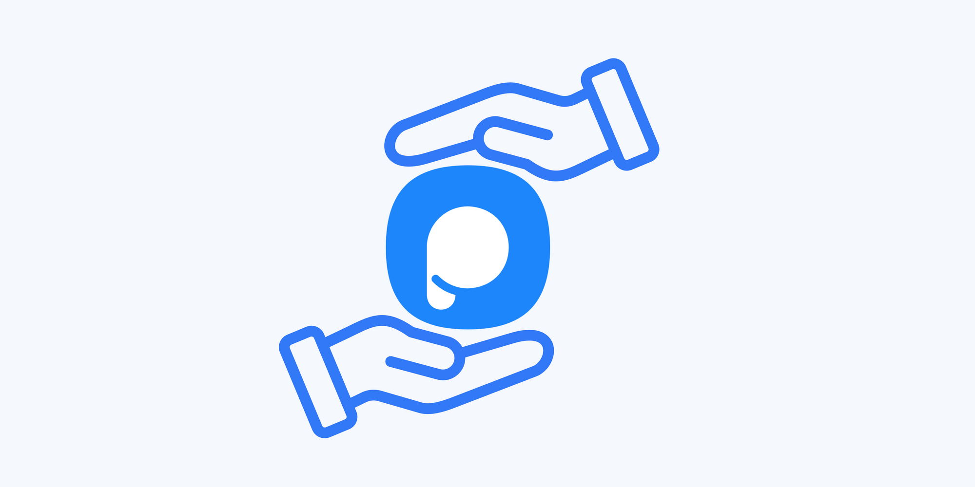 two hands holding Popupsmart icon without touching on blue background