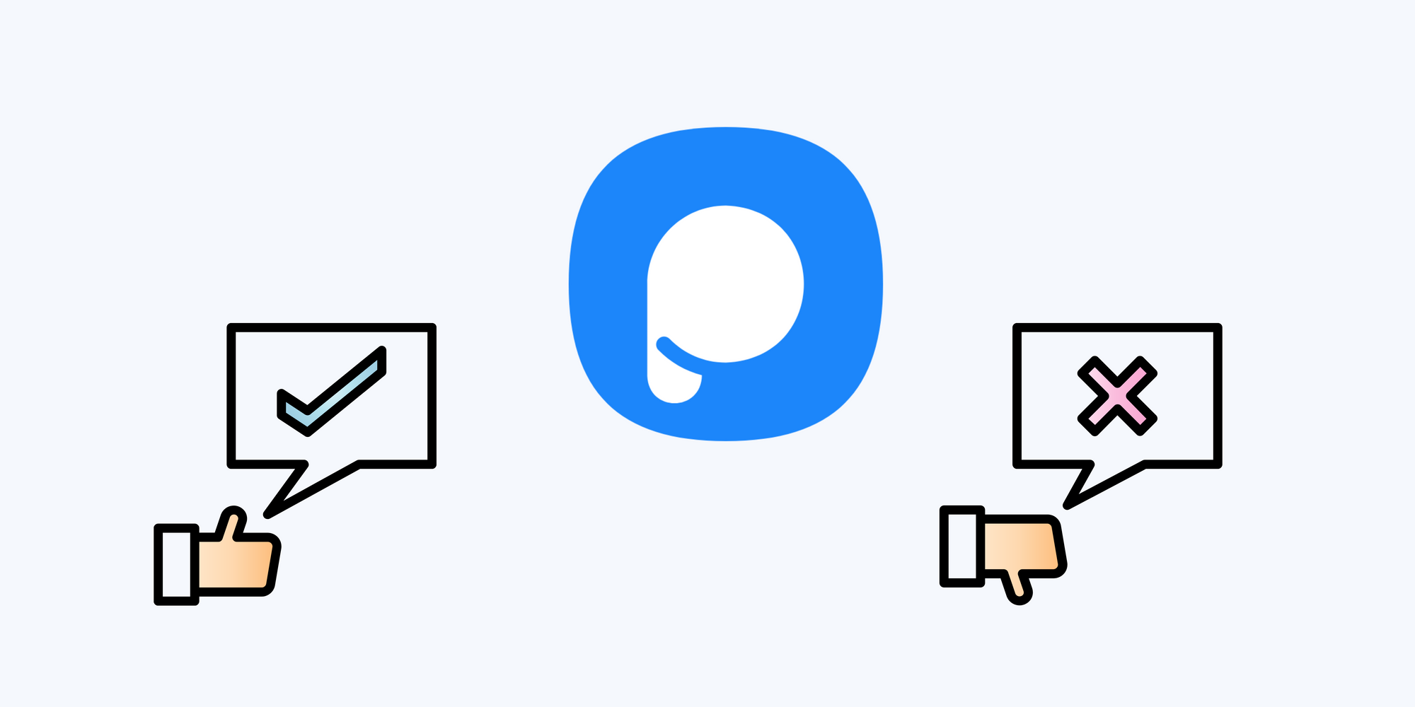 Popupsmart icon, check and x icons with thumbs-up & thumbs-down on blue backgroun to talk about the pros and cons of Popupsmart