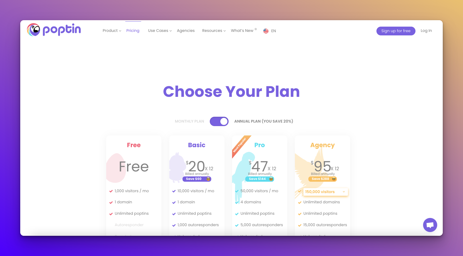The above-the-fold part of Poptin's pricing page