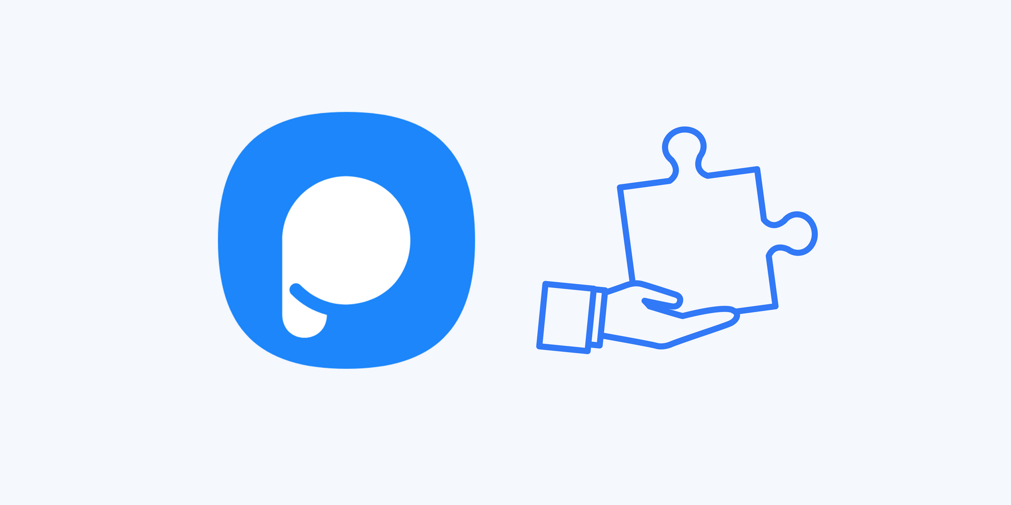 Popupsmart icon and a hand holding a jigsaw piece on blue background