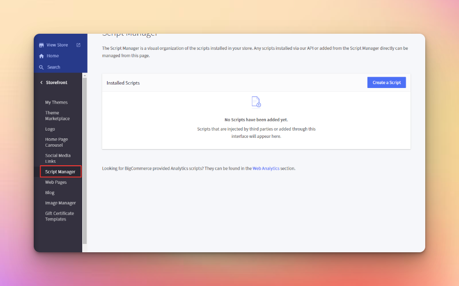 Script Manager section of BigCommerce dashboard
