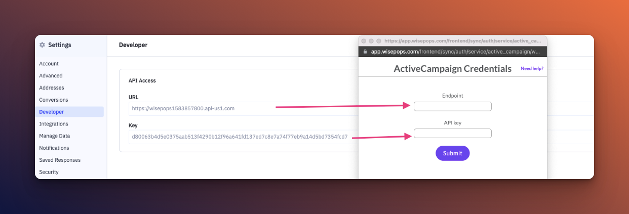 filling the Endpoint and API Key with the information on Mailchimp account