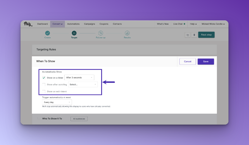 Editing a trigger with Automatically Show part on the Privy dashboard