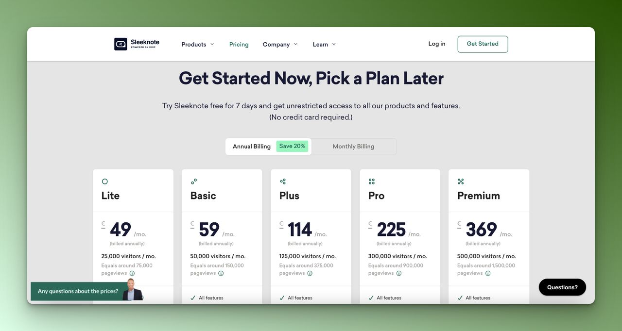 The above-the-fold part of Sleeknote's pricing page